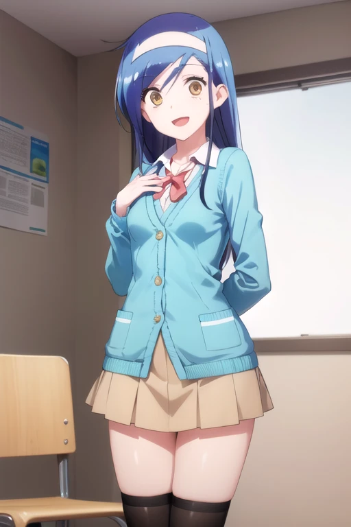 (extremely detailed CG unity 8k wallpaper), (masterpiece), (best quality), (ultra-detailed), (best illustration), (best shadow), (absurdres), 1girl, solo, <lora:fumino_v2:0.8>, fumino furuhashi, school uniform, headband, (aqua cardigan, sweater:1.2), (brown skirt:1.2), black kneehighs, looking at viewer, hands behind back, :d, open mouth, small breasts