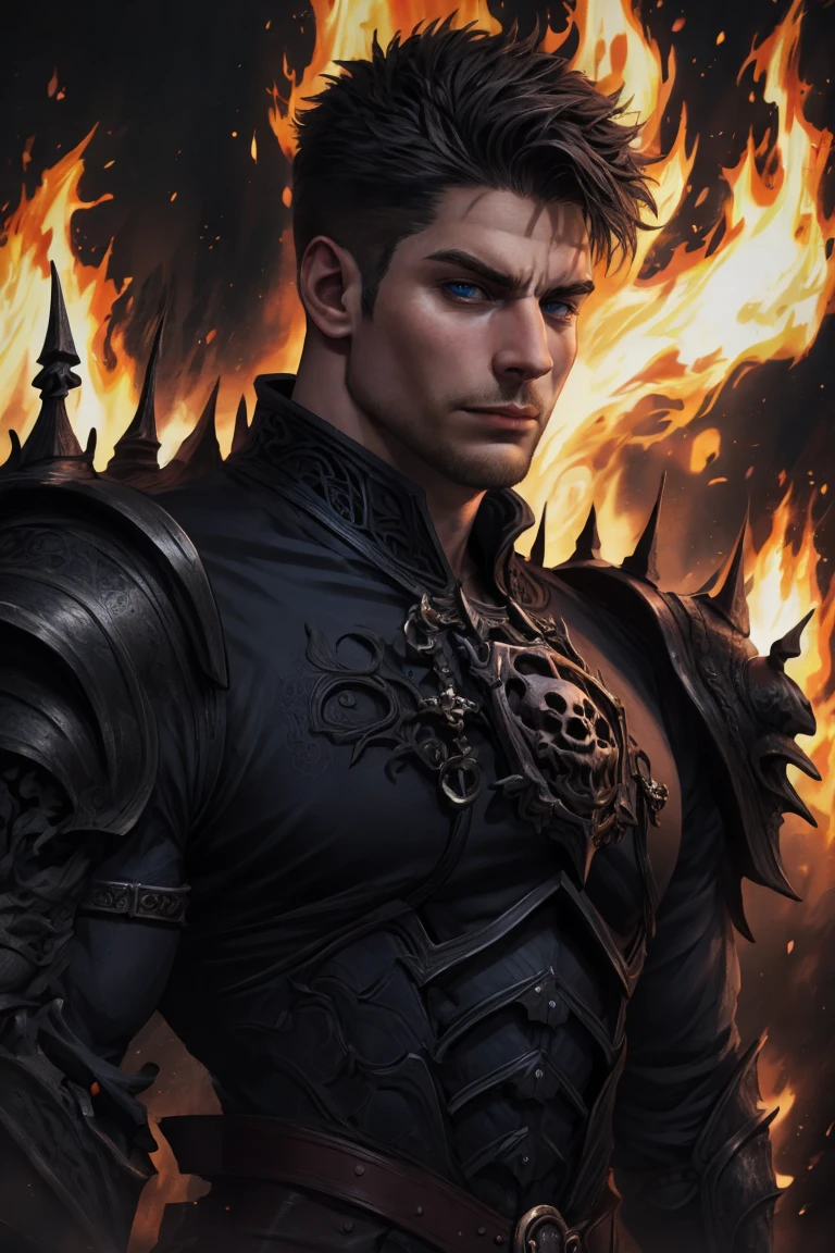 (Absurdres, Intricate Details, Masterpiece, Best Quality, High Resolution, 8k), (1man), (male:1.2), old, masked face, finely detailed eyes and face, athletic body, masculine appeal, commanding presence, hot stud, bulging biceps and triceps, well-developed quadriceps and hamstrings, porcelain skin, finely detail eyes and face, rose gold buzz cut hair, grey-blue eyes, short boxed beard, impressed, portrait, solo, half shot, detailed background, detailed face, (<lora:GothicPunkAI:0.5>, gothicpunkai, gothic theme:1.1)    elemental fiery armored warrior, [heavy armor:molten rock:2], engulfed in flames, ruby gemstone,  magma,   dynamic pose, pyromania, glowing aura,  lava pools in background, <lora:Firevfx:0.3>,  epic fiery atmoshpere,, sumptuous, finely detailed background, Depth of Field, VFX.