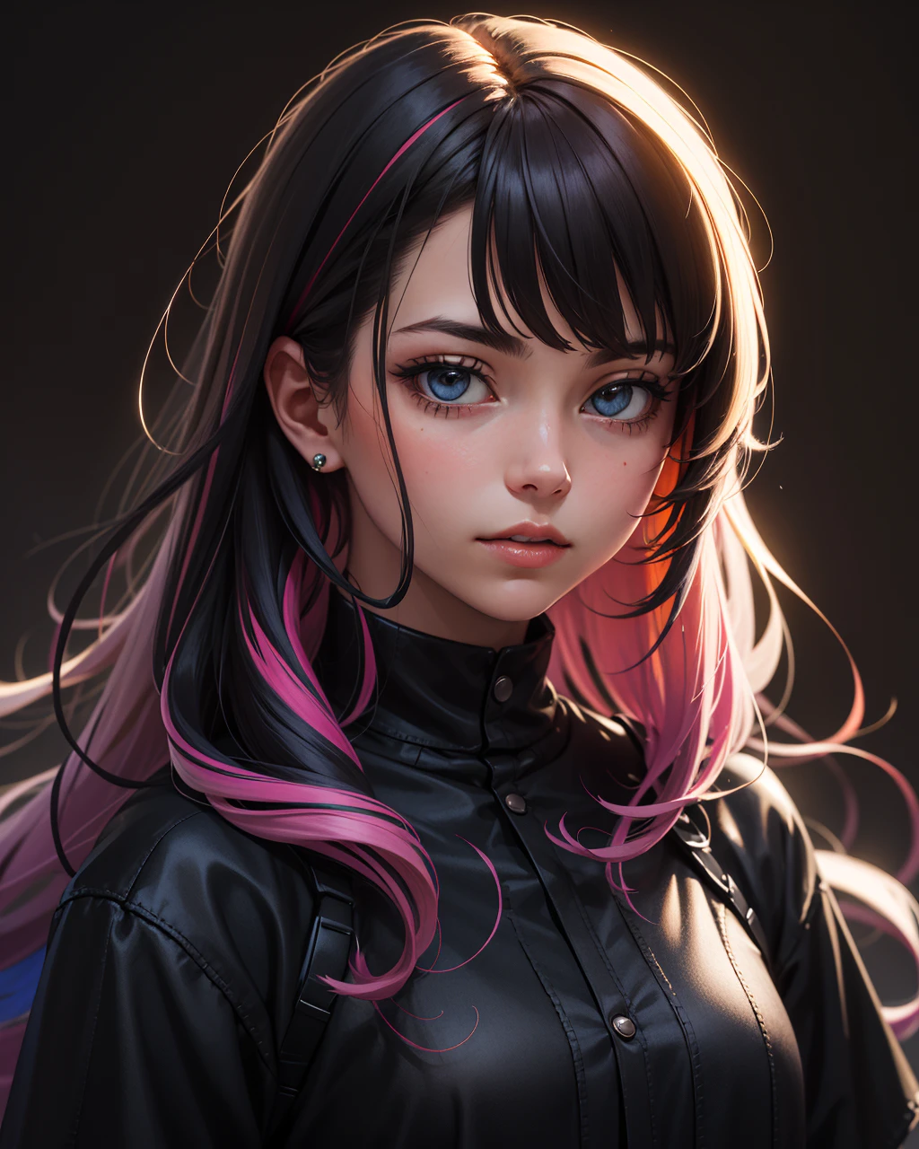 portrait, (masterpiece:1.1), (highest quality:1.1), (HDR:1.0), girl with really wild hair, multicolored hairlighting, (from front:0.6)