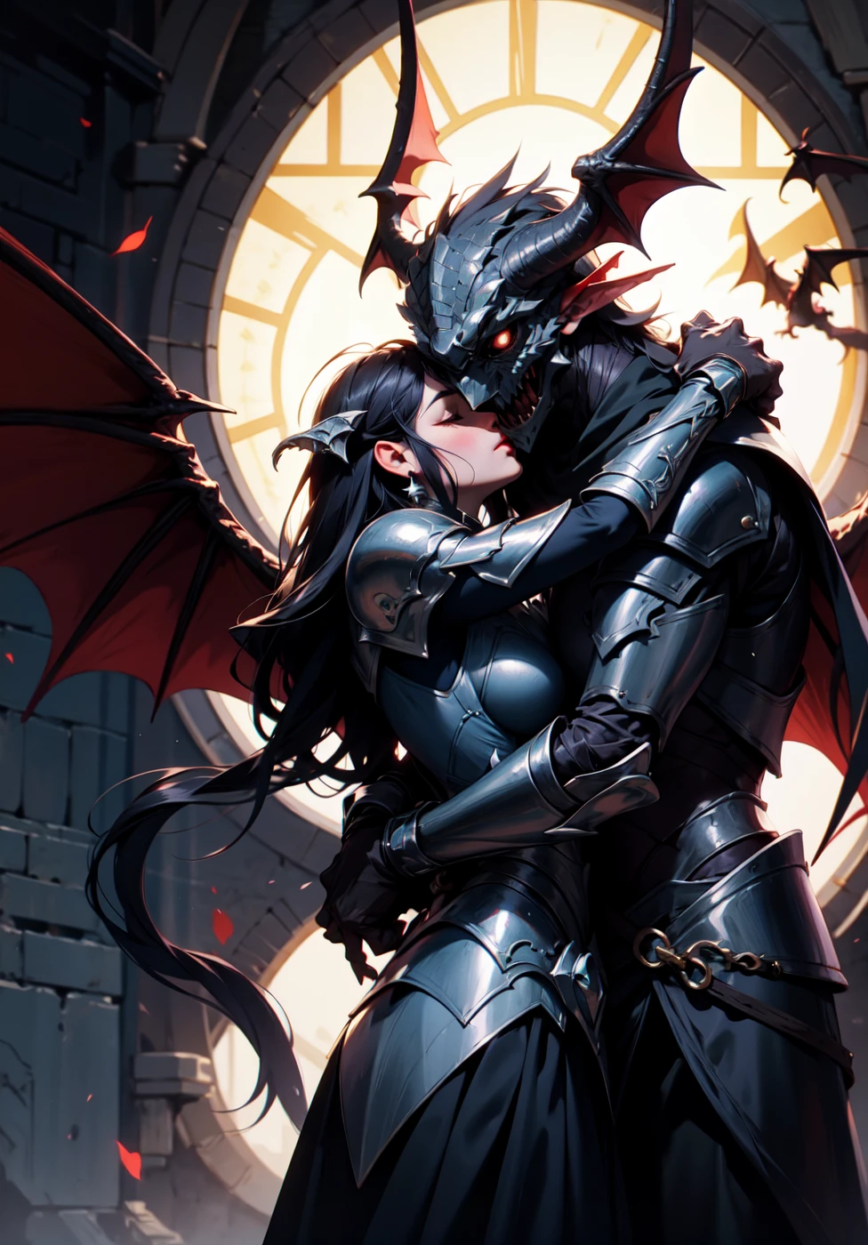official art, unity 8k wallpaper, ultra detailed, beautiful and aesthetic, High quality, beautiful, masterpiece, best quality, (zentangle, mandala, tangle, entangle:0.6), (1boy + 1girl), a dark knight in full armor embracing a princess, emotional, (kissing), hugging, romantic, dark fantasy, demons, dragons, dark fantasy
