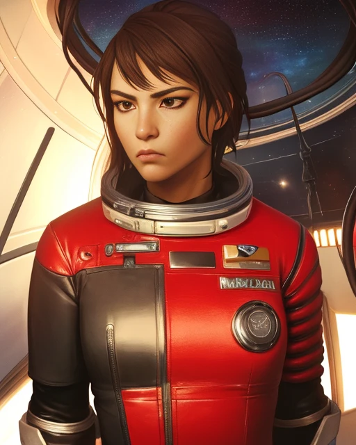 MorgunYu,short brown hair, brown eyes, solo, standing, upper body, serious expression, close up,
MorSpa,gloves, tight black and red spacesuit ,boots ,
space station, stars, dark, lounge area, dark tentacles in corners,
(insanely detailed, beautiful detailed face, masterpiece, best quality) <lora:MorgunYu:0.7>