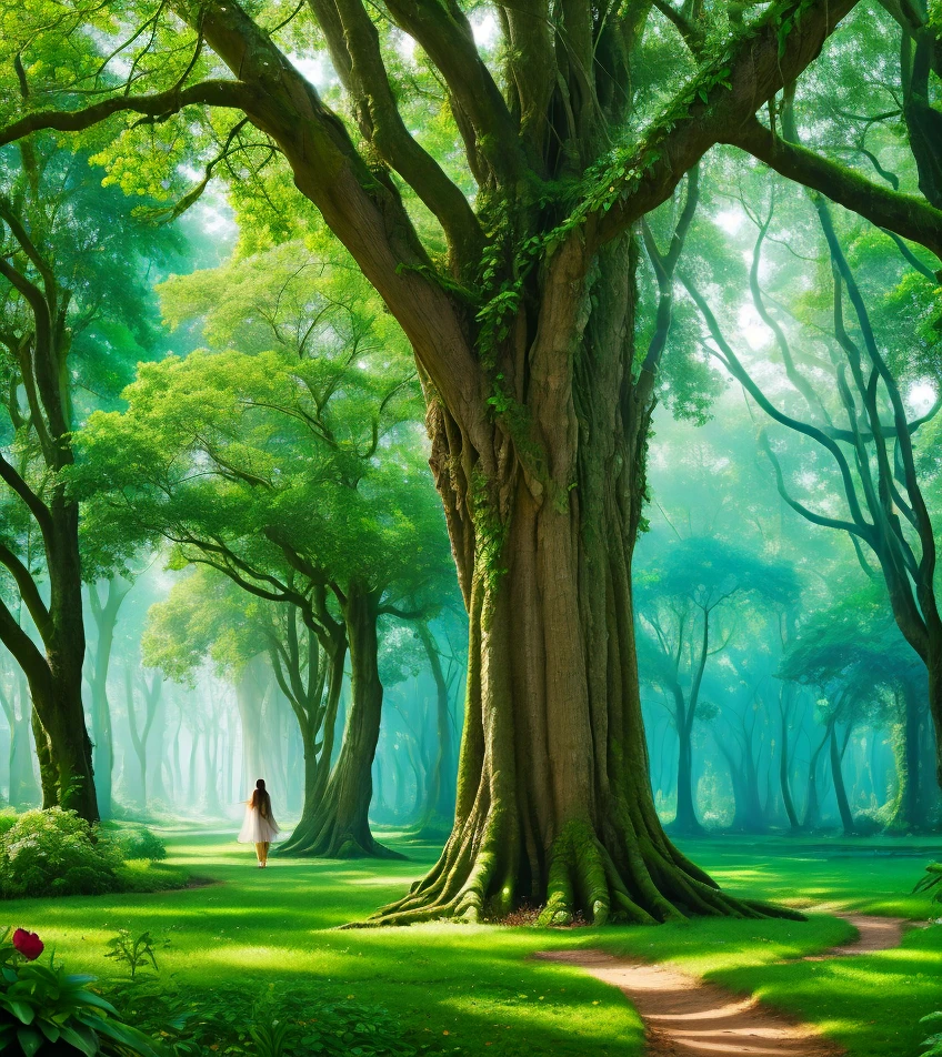 A woman walking through a lush green forest with tall trees - SeaArt AI