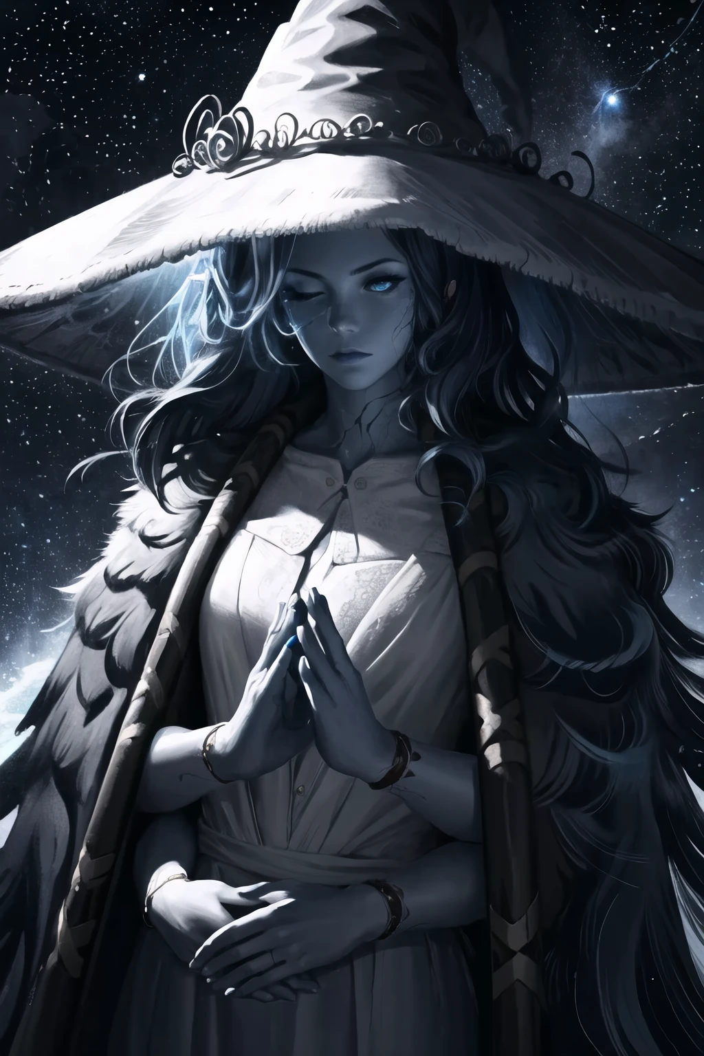 Highly detailed, High Quality, Masterpiece, beautiful, Ranni, <lora:Ranni:1>, 1girl, solo, wavy hair, blue skin, cowboy shot, cracked skin, extra arms, own hands together, <lora:Style_ThickCoatCG:0.8>, starry, strry light, night, colorful, cloud, star \(sky\), <lora:VFX_lightAndShadow:0.7>