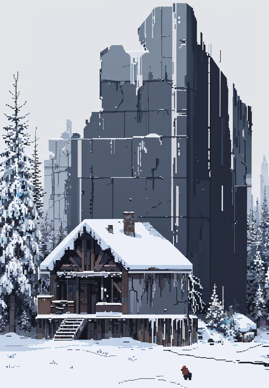 <lora:pixel art:0.8>,pixel art, building, 1 building, snow, ruin