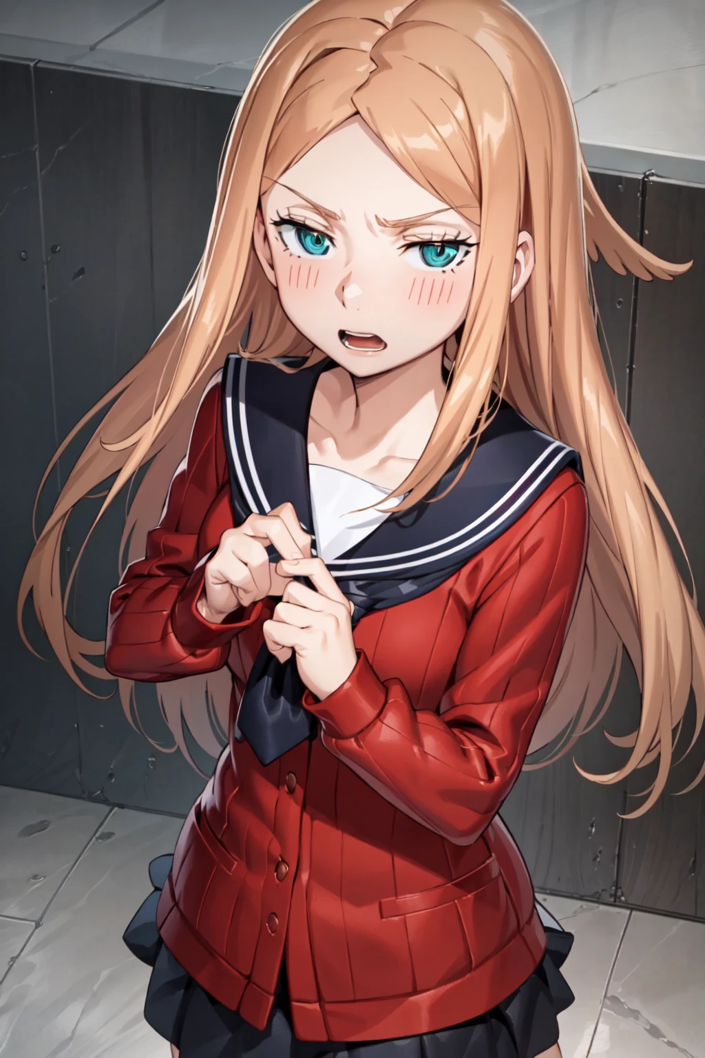 (game cg,best quality,masterpiece:1.3),1girl <lora:KonamiSchool1-000020:0.8>konami, sailor collar, school uniform, red cardigan, pleated skirt,black socks, from above, upper body, looking at viewer, jitome, <lora:EyeControl_Jitome:1>,angry,