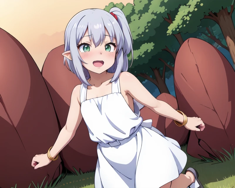 1girl, solo, green eyes, dress, white dress, pointy ears, multicolored hair, sleeveless dress, arm up, white hair, gradient hair, sleeveless, bangs, blush, green hair, long hair, side ponytail, hair between eyes, looking at viewer, hair ornament, smile, standing, bracelet, jewelry, bare shoulders, grey hair, standing on one leg, short dress, symbol-shaped pupils, open mouth, petals, outdoors, cross-shaped pupils, tree, masterpiece, perfect anatomy , best quality, ultra-detailed, illustration, dynamic angle and lighting, landscape, (anime_coloring:1.5), (realistic_nose:-0.5), (face focus:1.5)