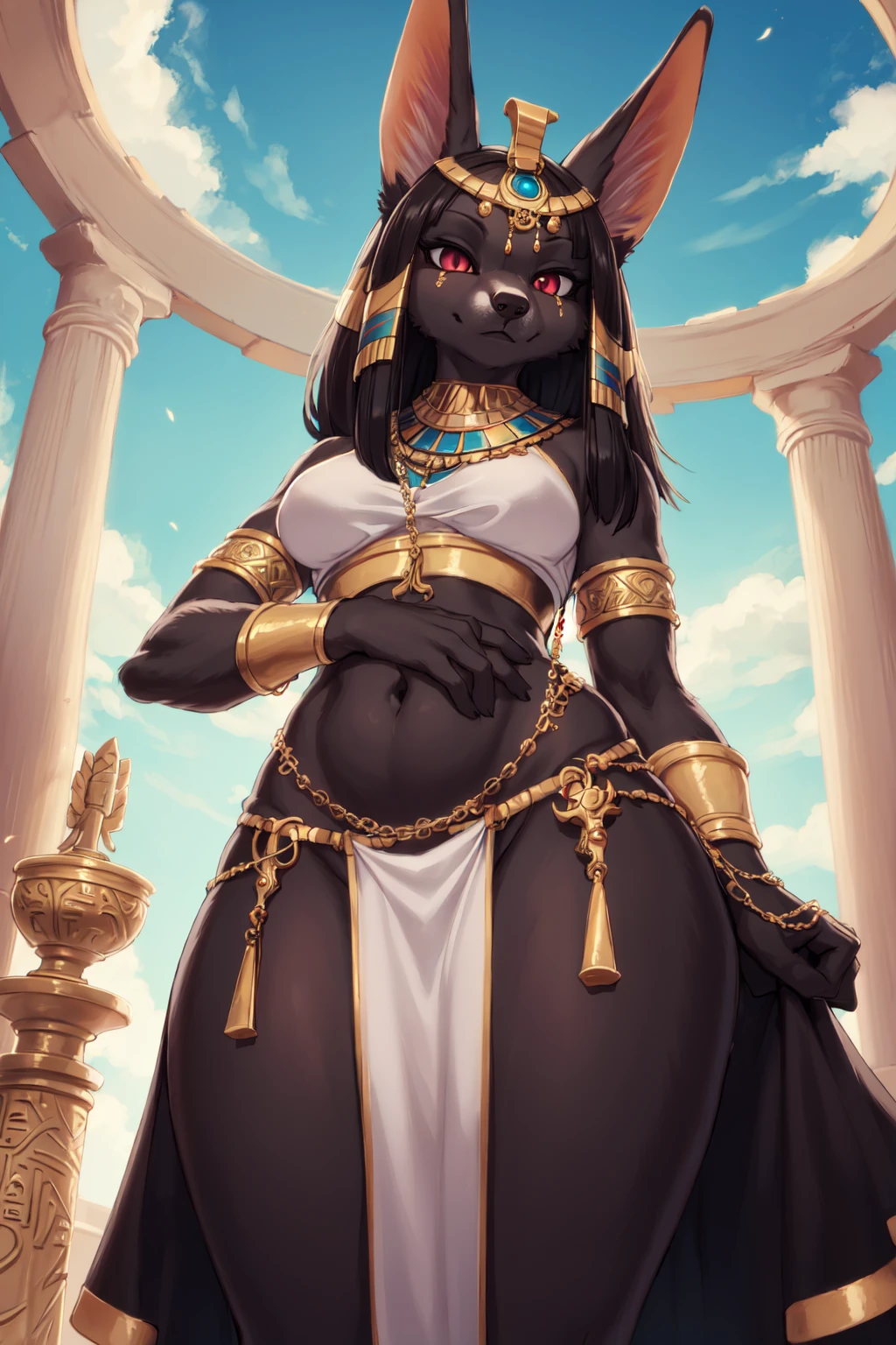 (hi res), ((masterpiece)) , ((best quality)), illustration, 
1girl, anubis, anubian jackal, canid, canine, canis, deity, jackal, mammal, ankh, anthro, black body, black hair, black sclera, black skin, bottomwear, dress, chain, clothing,standing,  egyptian, female, glistening, glistening body, gold \(metal\), gold jewelry, hair, jewelry, loincloth, navel, solo, from below,