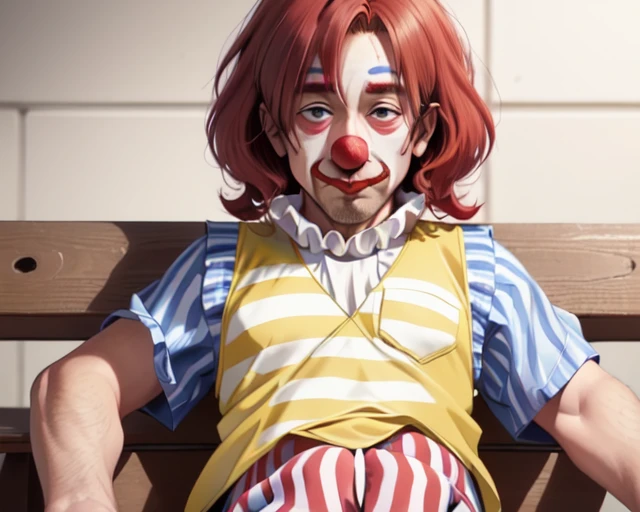 (old man clown face and red afro hair:1.5), chromatic_aberration, clown, cosplay_photo, depth_of_field, figure, film_grain, photorealistic, (a yellow vest with a red and white striped shirt:1.3), hisoka morow pose of abe takakazu, lying park bench, (detailed face:1.1)