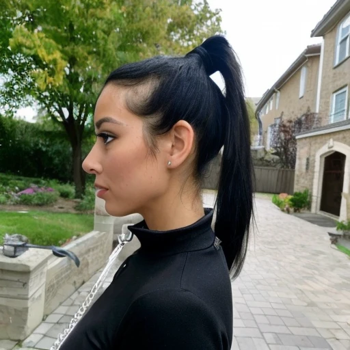 <lora:OnALeash-v2:0.7> photo of a leashed black hair ponytail woman walking, collar, perfect face, masterpiece, perfect lighting, incredible detail, outdoors