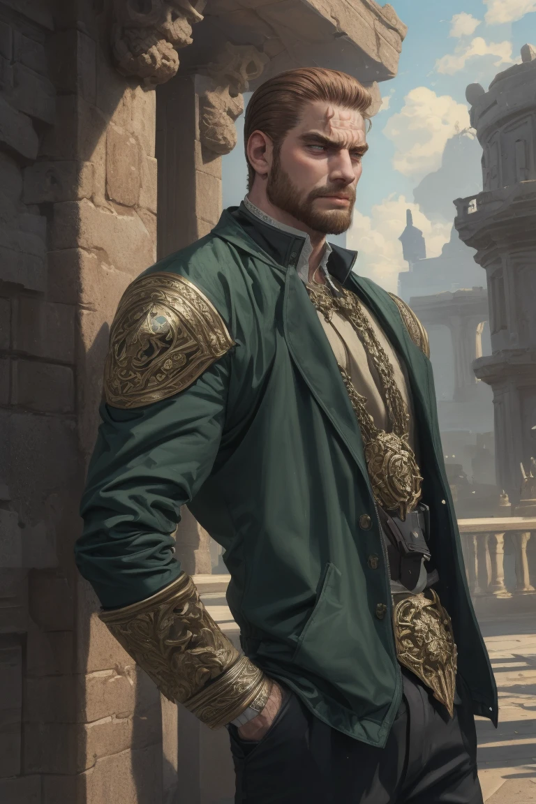 (Absurdres, Intricate Details, Masterpiece, Best Quality, High Resolution, 8k), (1man), (male:1.2), mature, aged up, handsome face, finely detailed eyes and face, toned body, cruel and twisted menacing appearance, full of deformities that suggest a violent past, dark skin, finely detail eyes and face, mahogany bald head hair, emerald green eyes, circle beard, satisfied, rockstar outfit, hands in the pocket look at the viewer from the side, starwars, exhaustive, finely detailed background, Depth of Field, VFX.