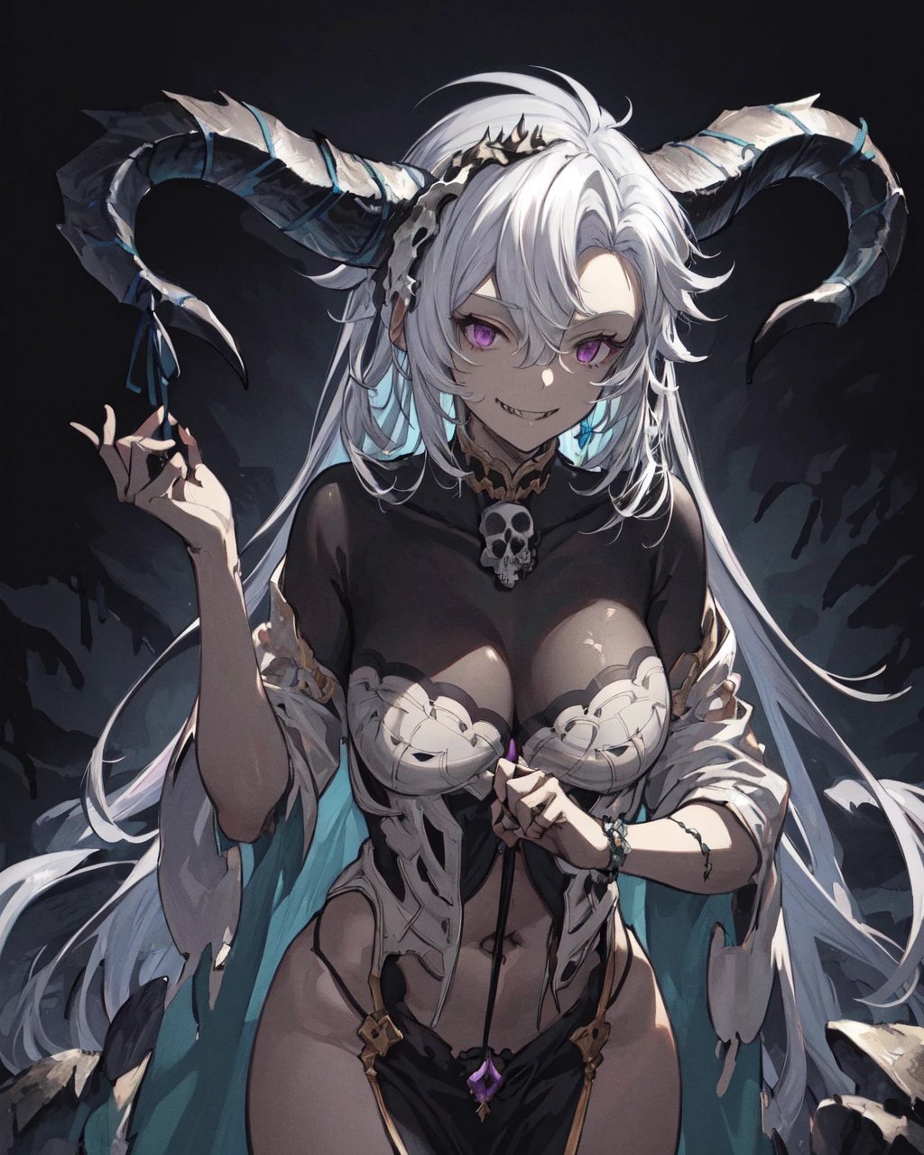 (masterpiece),(best quality),extreamly delicate and beautiful,illustration ,(creepy:1.1),1girl,gbf-fediel,horns,evil smile,  skull, dark theme,skeleton, bone, purple energy, cowboy shot,  <lora:gbf-fedielV2-1:1>