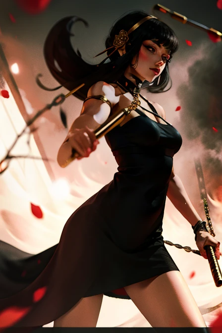 <lora:yorBriarSpyFamily_lykonV1:0.9> yor briar, long black dress, flower ornament on hair,