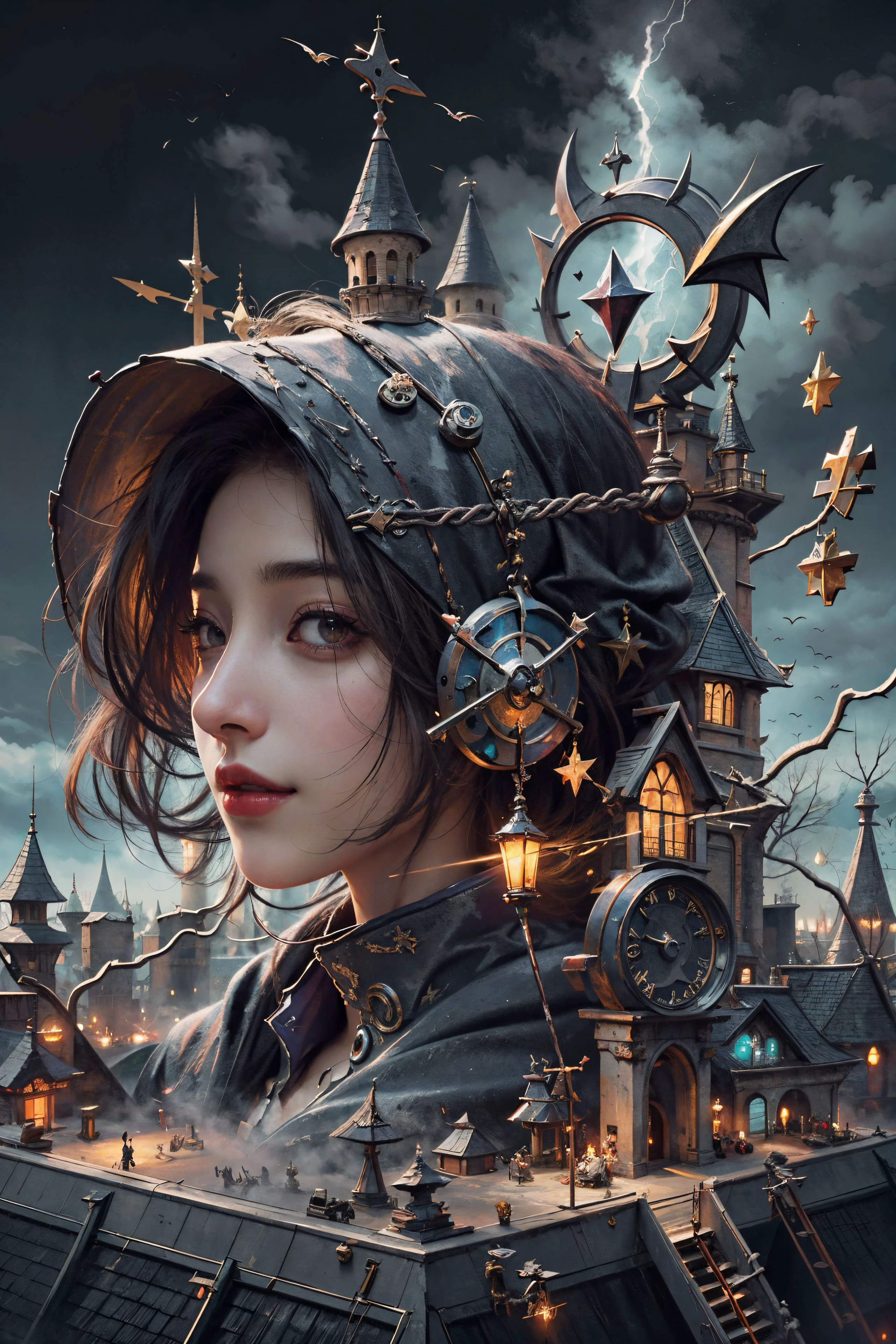 Best quality,masterpiece,ultra high res,photorealistic,raw photo,unity 8k wallpaper,
1girl, evil grin, castle, wizardry, lightning,
<lora:WitchcraftPunkAI:0.6>