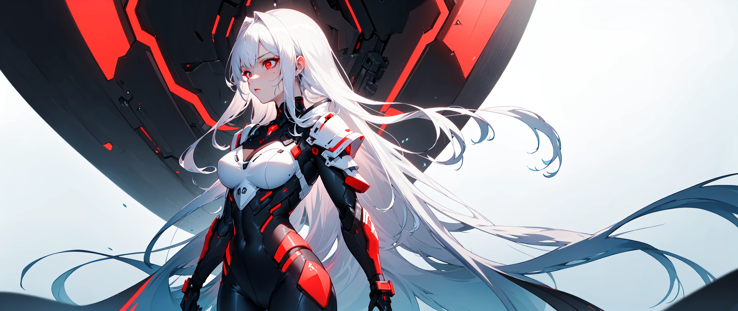 ((masterpiece:1.4, best quality:1.2)), 1girl, solo focus, tall female, delicate face, stern expression, extremely detailed anime face and eyes, beautiful white armor, hourglass figure, white hair, gradient hair, very long hair, red eyes, glowing eyes, cyberwear on face, futuristic setting, gradient background, profile, cowboy shot,