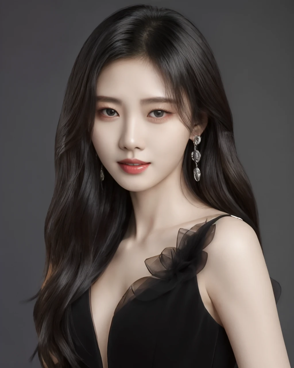 jujingyi, 1girl, solo, long hair, looking at viewer, black hair, black dress, upper body, <lora:jujingyi_v3:0.7>