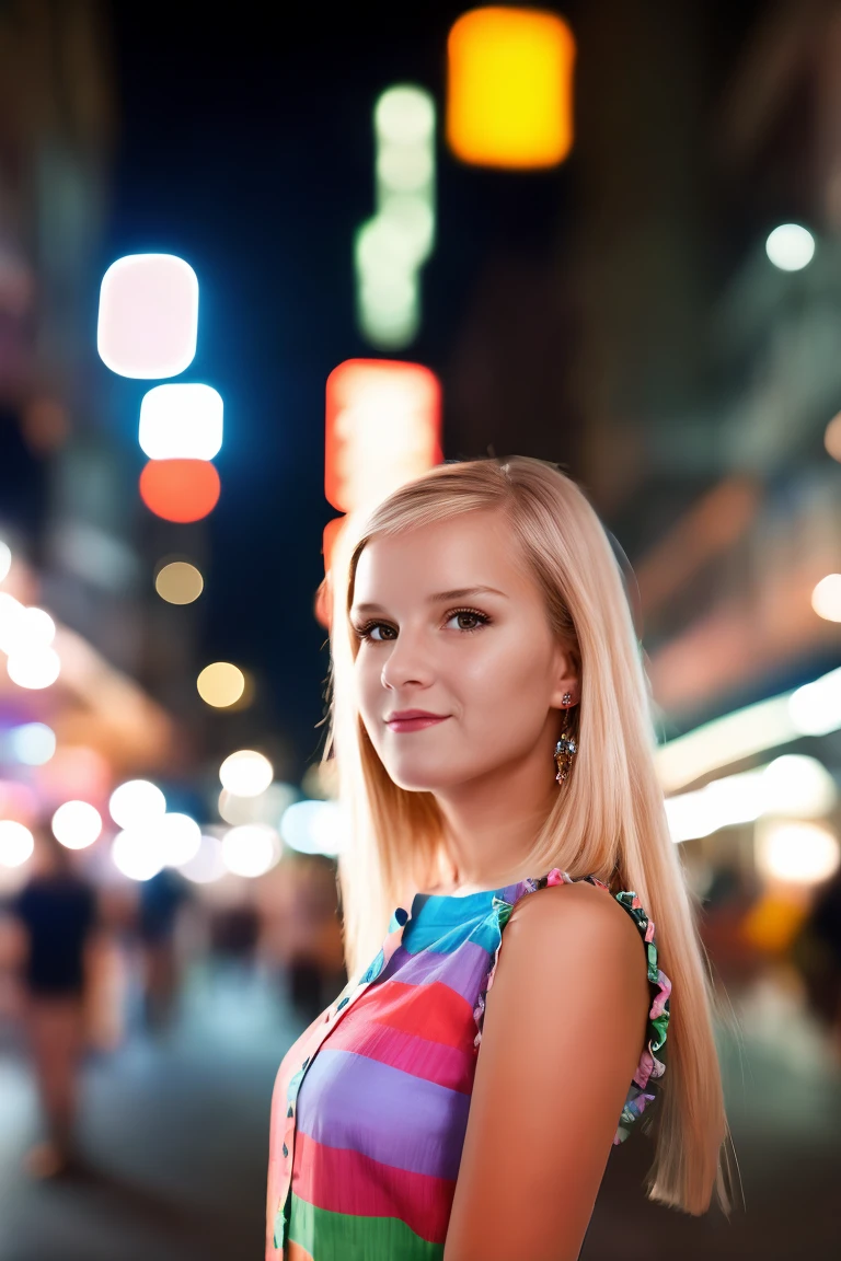 woman looking into the camera, at night, dark, wide angle, crowded street, blurry background, portrait, slight smile, colorfull shirt, skirt blonde, <lora:MarryQ:1>