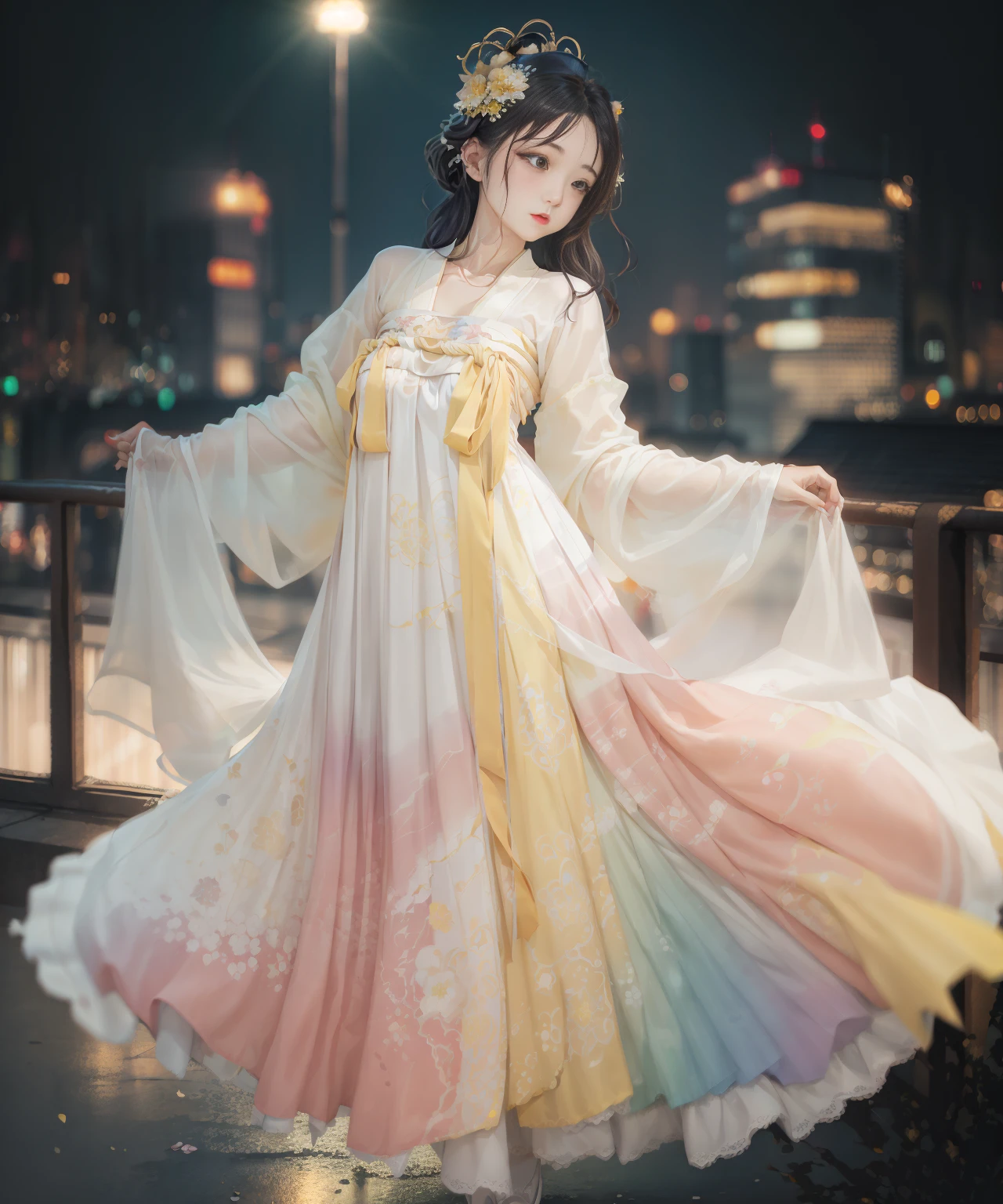 1girl, cityscape backdrop, rooftop or high-rise balcony, dynamic composition, engaging pose, soft yet striking lighting, bokeh from city lights, sharp details,<lora:hanfuTang_v35:0.7>,(hanfu, tang style outfits, white upper shan, multicolour chest po skirt, yellow waistband)