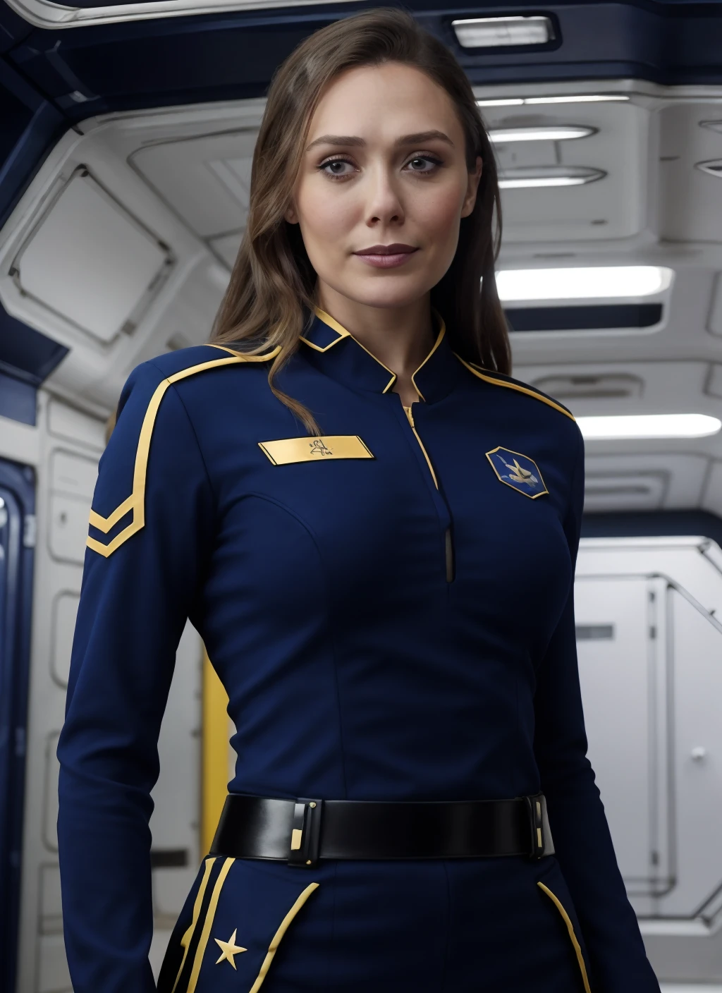 best quality, 1girl, solo, breasts, elizabeth_olsen, wearing (blue allianceuniform) in a space station, long hair, looking to the side , upper body, black hair, brown eyes, professional photography, ultra detailed, <lora:elizabeth_olsen_v3:0.6:FACE>, <lora:allianceuniform:0.6:DEFACE>