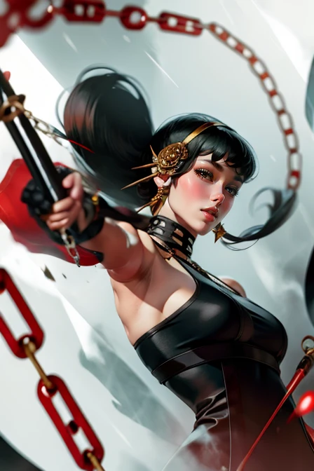 <lora:Nunchucks-10:0.9> nunchucks, ((1girl)), holding weapon, chains, <lora:yorBriarSpyFamily_lykonV1:0.1> yor briar, long black dress, flower ornament on hair,