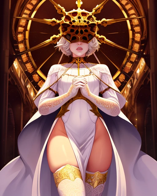 Gwyndolin, short white hair, androgynous, lips, solo, hands together, hands down, femboy, flatchested,
GwyRob,white thighhighs, gold mask, covered eyes, gold jewelry, white elbow gloves, tight white dress,
open cathedral, nighttime, moon,
(insanely detailed, beautiful detailed face, masterpiece, best quality) <lora:Gwyndolin:0.8>