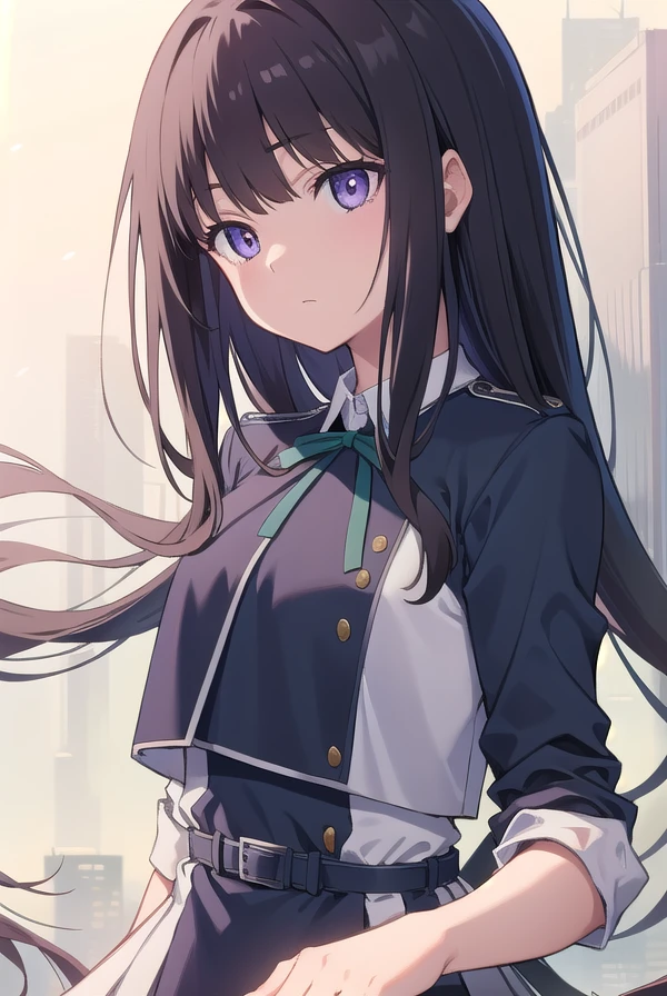 takinainoue, <lora:takinainoue:1>, inoue takina, long hair, bangs, black hair, (purple eyes:1.2), BREAK shirt, long sleeves, dress, ribbon, school uniform, white shirt, collared shirt, belt, neck ribbon, blue dress, green ribbon, pleated dress, grey dress, two-tone dress, blue belt, lycoris uniform, BREAK outdoors, city, BREAK <lora:GoodHands-vanilla:1>, (masterpiece:1.2), best quality, high resolution, unity 8k wallpaper, (illustration:0.8), (beautiful detailed eyes:1.6), extremely detailed face, perfect lighting, extremely detailed CG, (perfect hands, perfect anatomy),