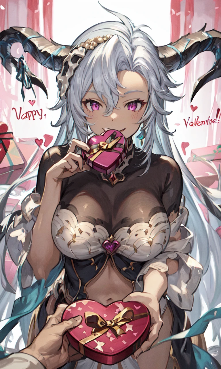 (masterpiece),(best quality),extreamly delicate and beautiful,illustration,(happy valentine:1.2), 1girl,gbf-fediel, smile,  horns,  large breasts,(incoming gift:1.2), (hands holding gift:1.1),  (gift box:1.2), pov,cowboy shot, ,  <lora:gbf-fedielV2-1:1>