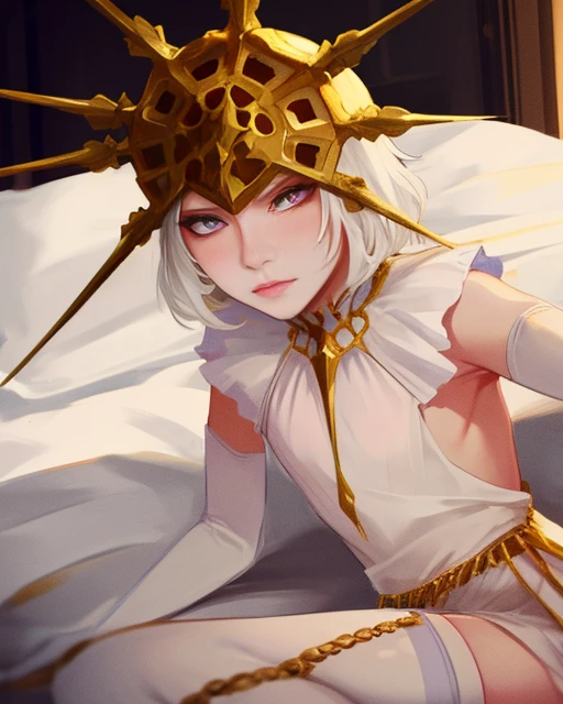 Gwyndolin, short white hair, androgynous, lips, solo, femboy, flat chested, laying in bed, blushing, emotionless stare, close up,
white thighhighs,, gold jewelry, white elbow gloves, tight white dress, purple eyes,
cathedral, nighttime, room,
(insanely detailed, beautiful detailed face, masterpiece, best quality) <lora:Gwyndolin:0.8>