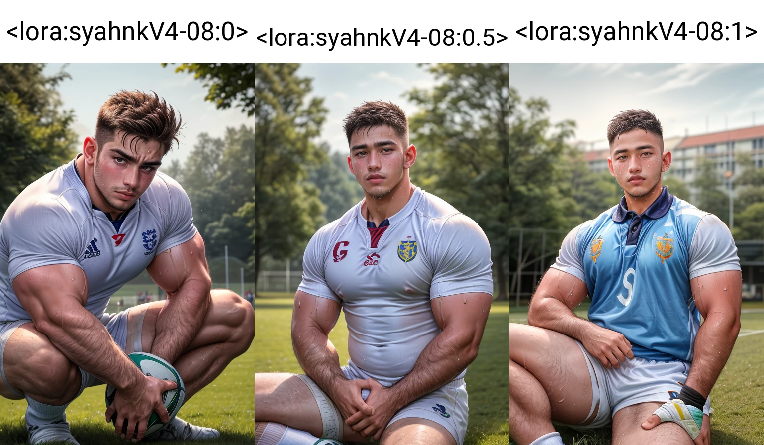 masterpiece, best quality, highres, realistic, handsome, photogenic, big muscles,<lora:syahnkV4-08:0>, syahnk, as ( a 20 years old man, (chav,pecs),muscular male,(wearing long white socks), looking at viewer, (best quality, masterpiece, high res, hdr:1.2), detailed face, upper body, (sweaty),(wearing rugby uniform),sweaty, bokeh) ,<lora:add_detail:1>