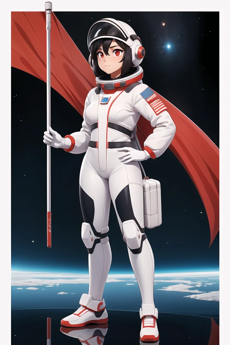 (masterpiece, best quality:1.4),1girl,flat_breasts,cute,beautiful detailed eyes,shiny hair,visible through hair,hairs between eyes, CCCPposter, sovietposter,red monochrome,soviet poster, soviet,communism, Black_hair,red_eyes,vampire,teenage,poorbreast,Spacesuit:Orange_clothing_body:jumpsuit),white_gloves, white_space shoes, white_helmet, the CCCP red letters on the top of helmet, weightlessness, Side light, reflection, The person in the spacesuit is at the bottom left of the frame, The right hand is outstretched, the right hand gently touches the Salyut space station), Space station in the upper right corner of the screen, Reflected light from the sun, Silver metal,red flag, brilliance,USSR style, diffuse reflection, Metallic texture, The vista is a blue Earth,mecha style,the sea of star,high tone, magnificent,<lora:more_details:0.3>, <lyco:GoodHands-beta2:0.8>,