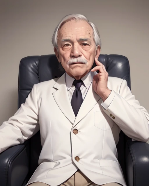 (An 80 years old man with nasolabial folds on his face:1.3), (white mustache:1.1), white suits, white short cut corners hair ,long brown red tie, beige jacket, his both fingers in front of his face, Werther's Original, sitting on the chair, glowing eyes, morinaga