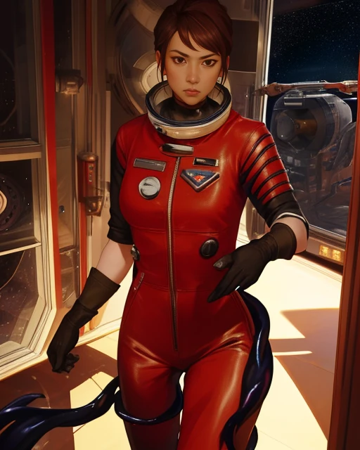 MorgunYu,short brown hair, brown eyes, solo, standing, serious expression, close up,
MorSpa,gloves, skin tight, black and red spacesuit ,boots ,
space station, dark, lounge area, (dark tentacles) dark corners, shadows,
(insanely detailed, beautiful detailed face, masterpiece, best quality) <lora:MorgunYu:0.7>