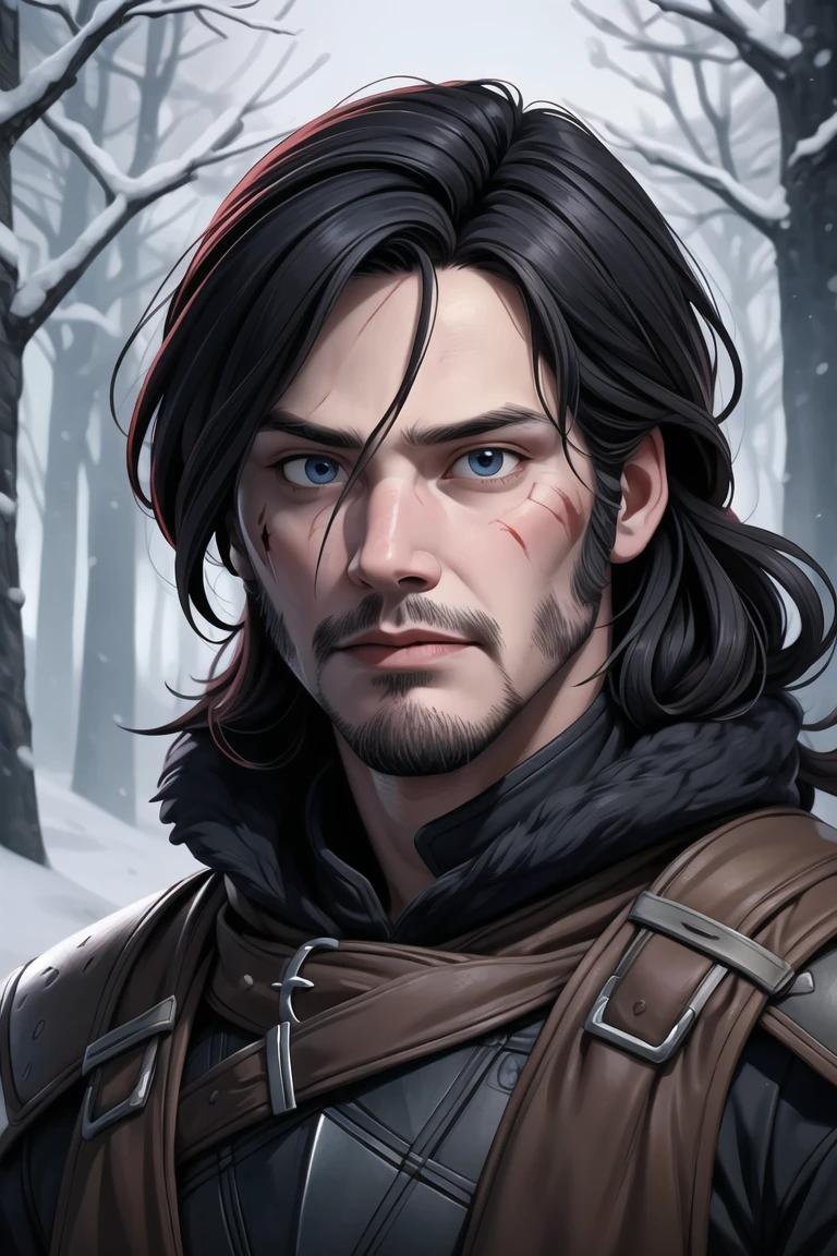(masterpiece, best quality:1.4) A close-up of a man with long hair and beard, handsome boy in a fantasy world, his eyes are red and bright, his eyes bright red like intense blood, Aragorn in an anime world, detailed fanart, John Snow, Johnny Silverhand, Caleb from Critical Role, Jon Snow, avatar image, Demon Slayer Rui fanart, Keanu Reeves as Geralt of Rivia, black armor like obsidian and a black bear skin as a cape, background of a cold forest in winter, 30:(3 0) year old man, man with 2 scars on his face, diagonally shaped scar on his face, scar on the cheek, scars of animal claws <lora:more_details:0.5> <lyco:GPTS4 dreamwave full_478773:0.3>