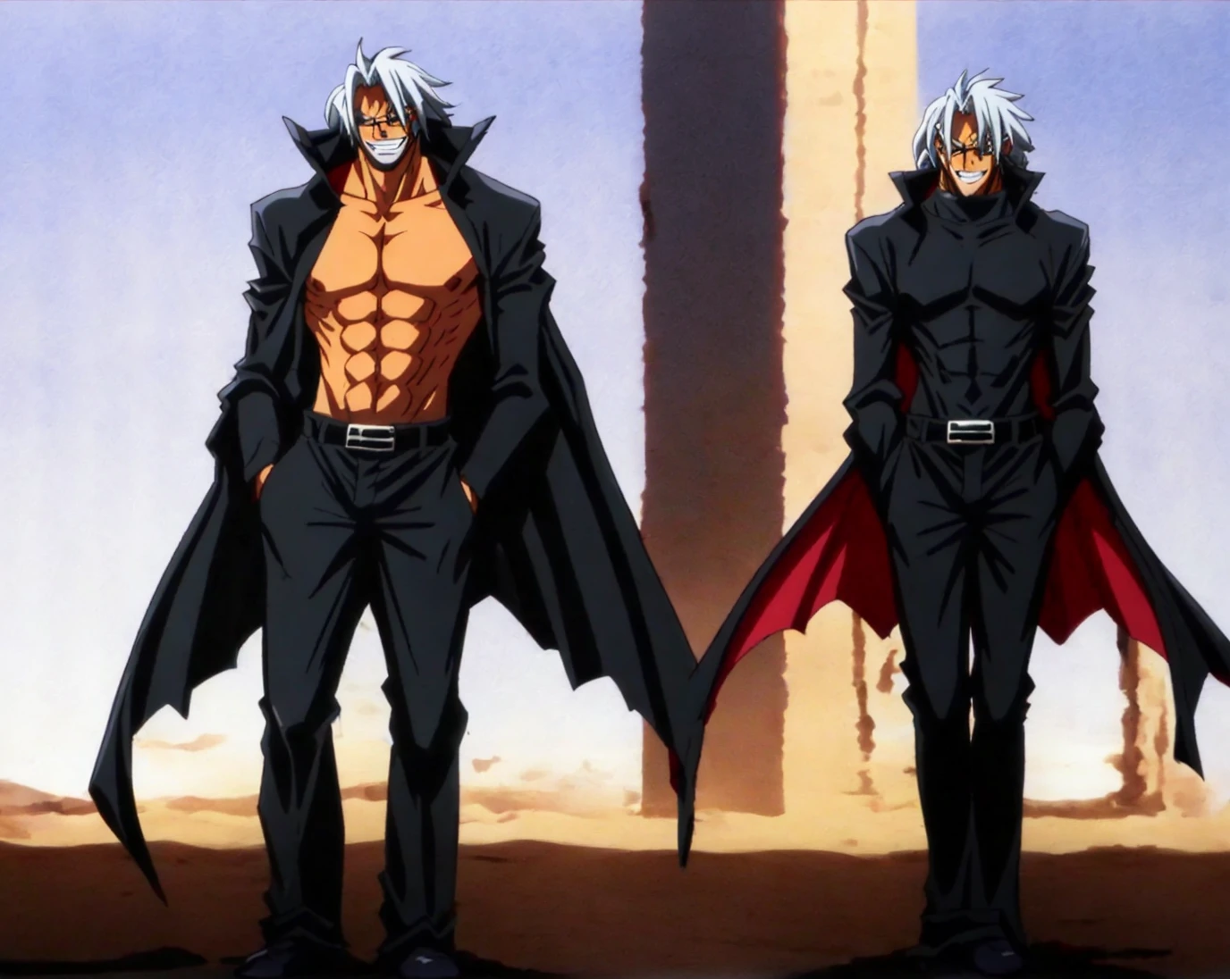 black jacket,t, cape, glasses, belt, white hair, muscle, a man, post apocalyptic, desert, city, sun, sky, public, people, smile, teeth, fight, punching, full body, walking, laughing, fire ball, <lora:adam blade needless:0.8>