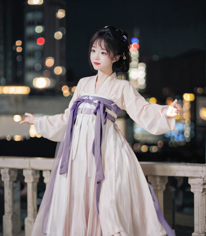 1girl, cityscape backdrop, rooftop or high-rise balcony, dynamic composition, engaging pose, soft yet striking lighting, shallow depth of field, bokeh from city lights, sharp details, highly detailed, hyper-realistic, 50mm lens, naturally blurred background,<lora:FilmVelvia2:0.7>,<lora:hanfuTang_v35:0.65>,(hanfu, tang style outfits, light red upper shan, purple with white chest pleated skirt, purple waistband),<nwsj_v3:0.5>