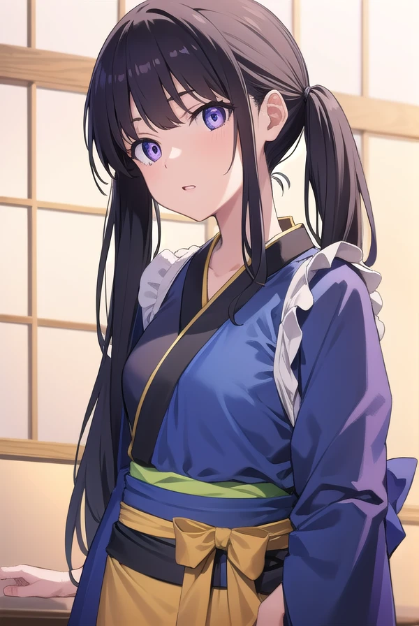 takinainoue, <lora:takinainoue:1>, inoue takina, long hair, bangs, black hair, twintails, (purple eyes:1.2), (small breast:1.2), BREAK japanese clothes, kimono, apron, waist apron, blue kimono, waitress, BREAK indoors, BREAK <lora:GoodHands-vanilla:1>, (masterpiece:1.2), best quality, high resolution, unity 8k wallpaper, (illustration:0.8), (beautiful detailed eyes:1.6), extremely detailed face, perfect lighting, extremely detailed CG, (perfect hands, perfect anatomy),