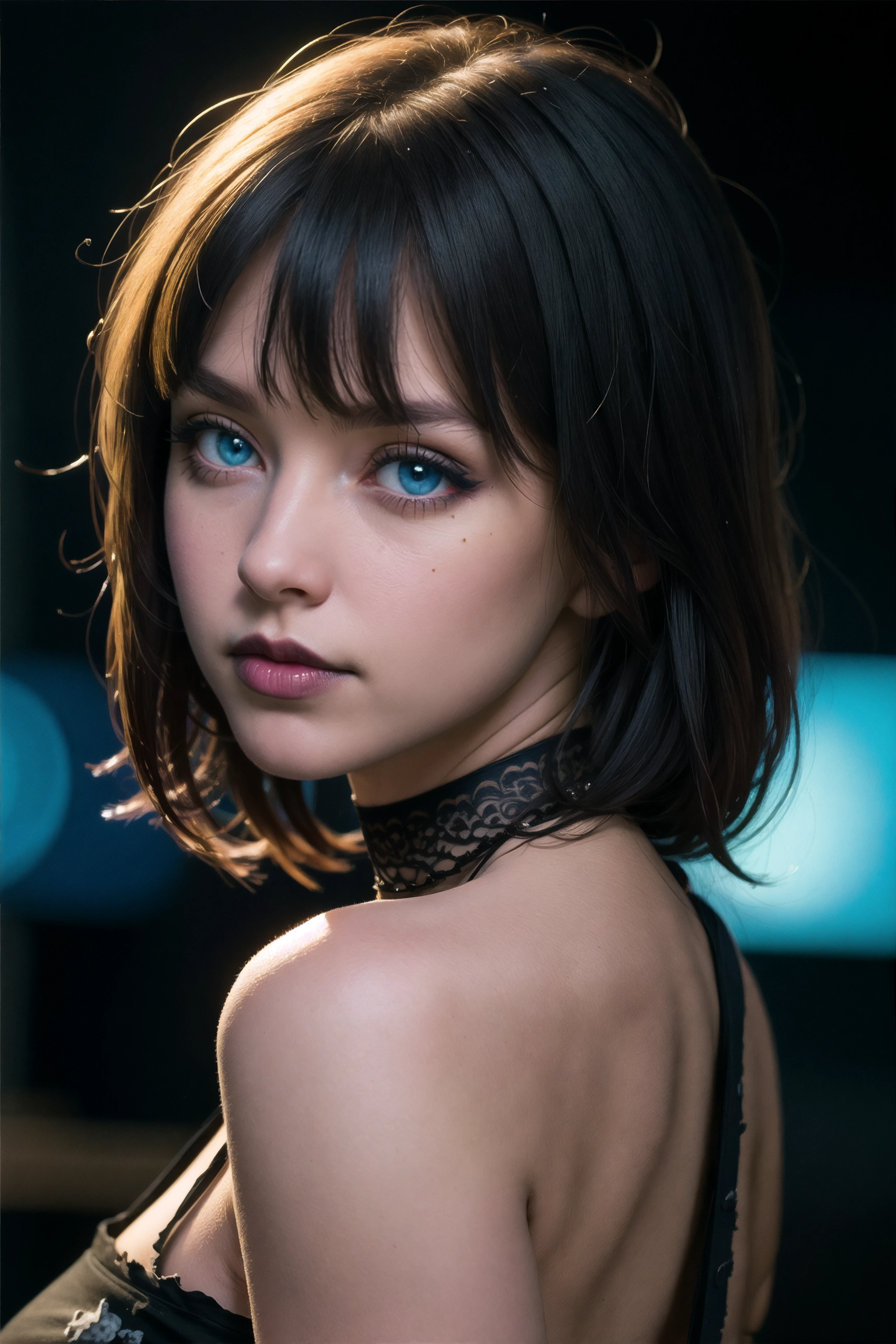 portrait shot, bangs, goth girl, black hair, black lipstick, blue eyes, looking at viewer, torn shirt, choker, bokeh, depth of field, (masterpiece), (best quality:1.2), absurdres, intricate details, (highly detailed skin:1.2),