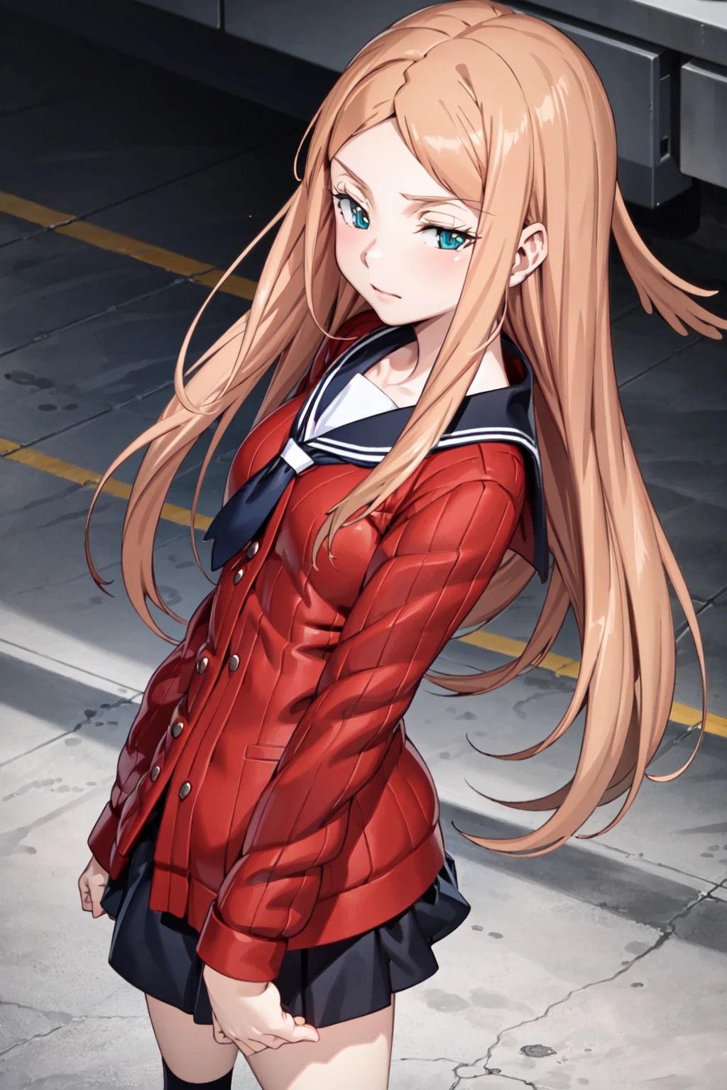 (game cg,best quality,masterpiece:1.3),1girl <lora:KonamiSchool1-000020:0.8>konami, sailor collar, school uniform, red cardigan, pleated skirt,black socks, from above, looking at viewer, from below