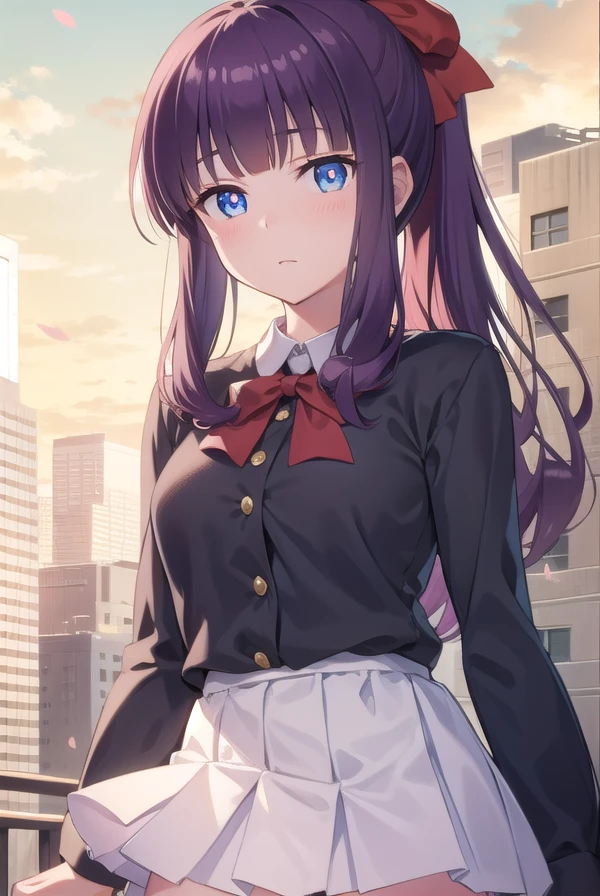 hifumitakimoto, <lora:hifumitakimoto:1>, takimoto hifumi, long hair, blush, bangs, blue eyes, ponytail, purple hair, hair bow, bow, BREAK skirt, shirt, thighhighs, long sleeves, bow, ribbon, white shirt, pleated skirt, black thighhighs, miniskirt, zettai ryouiki, dress shirt, red skirt, BREAK looking at viewer, BREAK outdoors, city, BREAK <lora:GoodHands-vanilla:1>, (masterpiece:1.2), best quality, high resolution, unity 8k wallpaper, (illustration:0.8), (beautiful detailed eyes:1.6), extremely detailed face, perfect lighting, extremely detailed CG, (perfect hands, perfect anatomy),