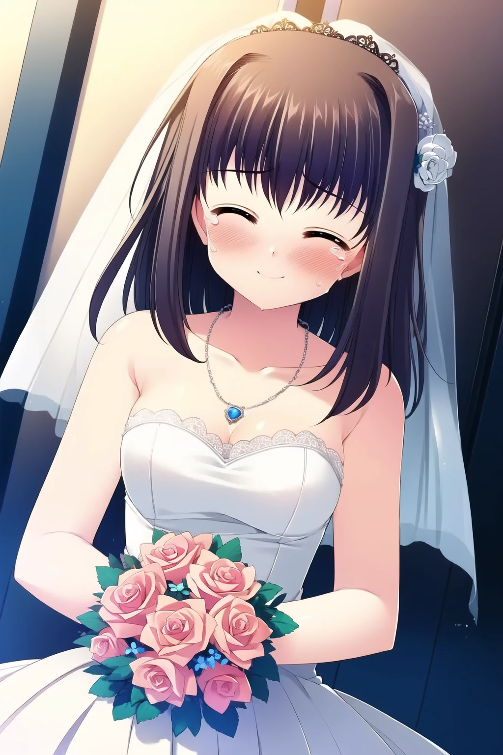 ((masterpiece, high quality, best quality)),
1girl, flower, wedding dress, bouquet, dress, closed eyes, bride, pink rose, jewelry, necklace, veil, bridal veil, brown hair, smile, closed mouth, blush, tears, bare shoulders, dutch angle,
<lora:nishimata-style_v2.0:1.0>