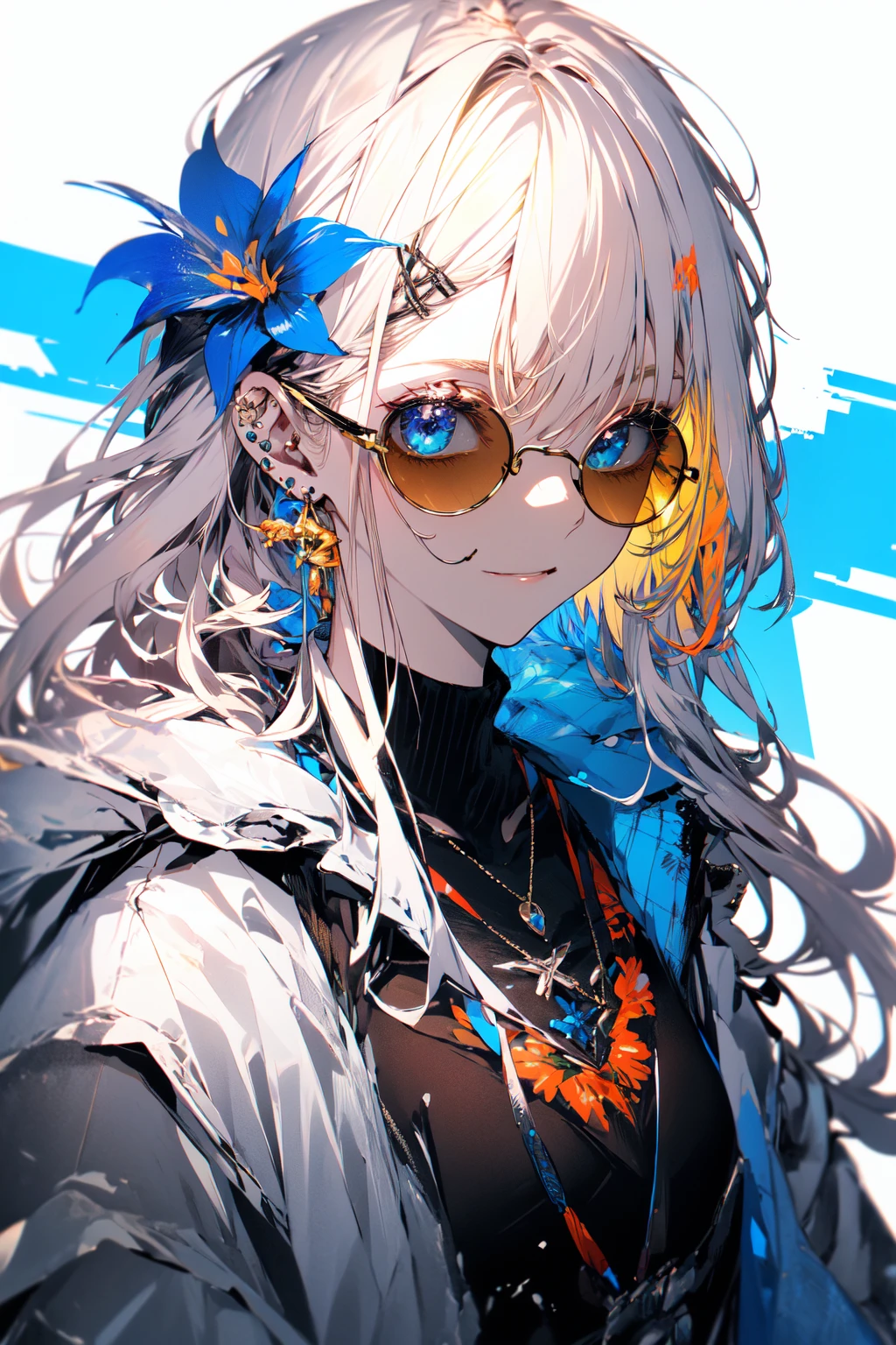 , (masterpiece:1.2), best quality,midjourney,
solo, tinted eyewear, jewelry, hair ornament, looking at viewer, black background, 1girl, short hair, blue eyes, earrings, simple background, flower, upper body, hair flower, orange-tinted eyewear, sunglasses, necklace, jacket, closed mouth, floral print, bangs, blonde hair, white hair, makeup, round eyewear, piercing
 <lora:midjourney_20230624181825-000016:0.9>