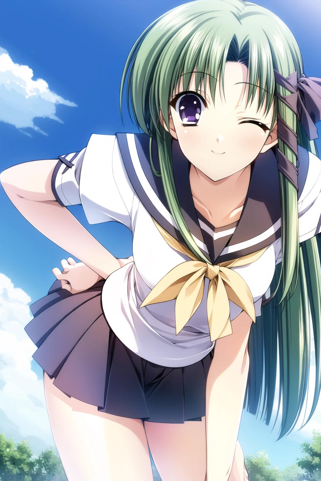 ((masterpiece, high quality, best quality)),
1girl, serafuku, green hair, one eye closed, long hair, hair ribbon, purple eyes, hand on hip, blue sky, skirt, leaning forward, smile,
<lora:suzuhira-style_v2.0:1.0>