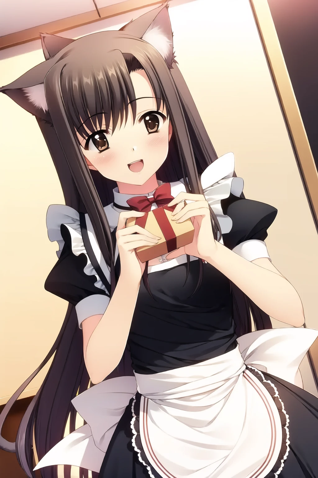 ((masterpiece, high quality, best quality)),
1girl, cat ears, long hair, cat tail, brown hair, incoming gift, maid, brown eyes, holding gift, dutch angle, blush, apron, smile, open mouth,
<lora:nishimata-style_v2.0:1.0>