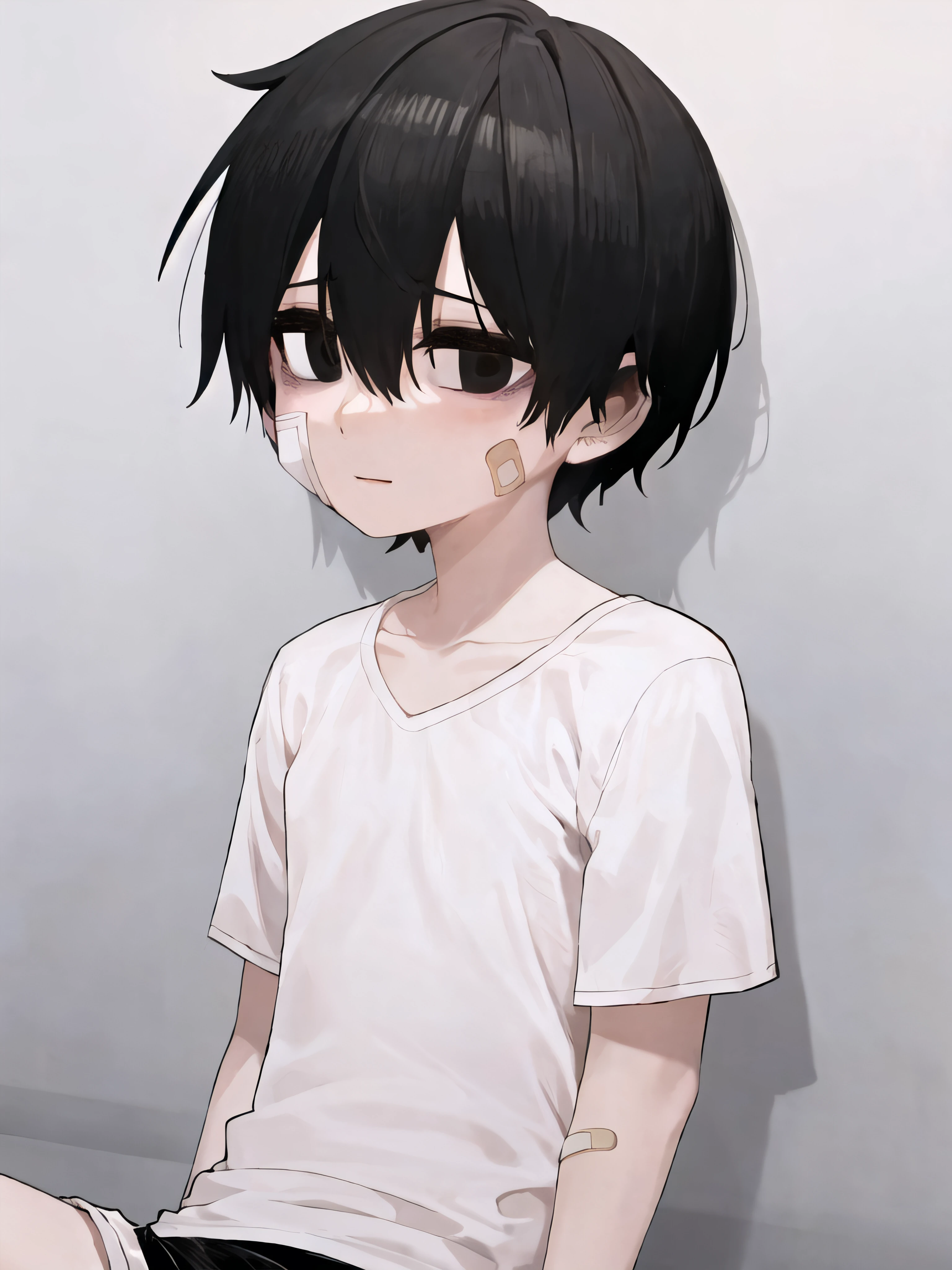 masterpiece, best quality, anatomically correct, 1boy, black eyes, black hair, hair between eyes, short hair, bandaid on face, white shirt, black shorts, upper body, solo, leehoon <lora:Hooni:1>