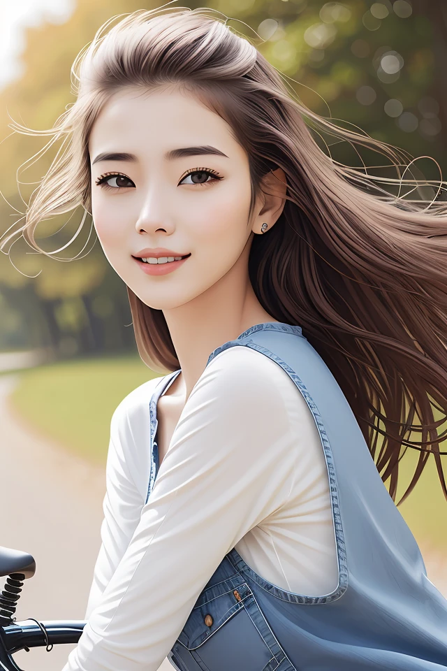 beauty girl,wind,bicycle,clear face, realistic,