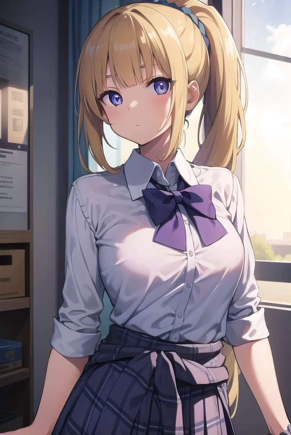 keikaruizawa, <lora:keikaruizawatest:1>, kei karuizawa, long hair, bangs, blunt bangs, (purple eyes:1.1), blonde hair, shirt, hair ornament, ponytail, scrunchie, blue scrunchie,
BREAK skirt, shirt, bow, school uniform, pleated skirt, bowtie, sweater, (blue bow:1.2), white shirt, (clothes around waist:1.2),
BREAK indoors, classroom,
BREAK looking at viewer, BREAK <lora:GoodHands-vanilla:1>, (masterpiece:1.2), best quality, high resolution, unity 8k wallpaper, (illustration:0.8), (beautiful detailed eyes:1.6), extremely detailed face, perfect lighting, extremely detailed CG, (perfect hands, perfect anatomy),