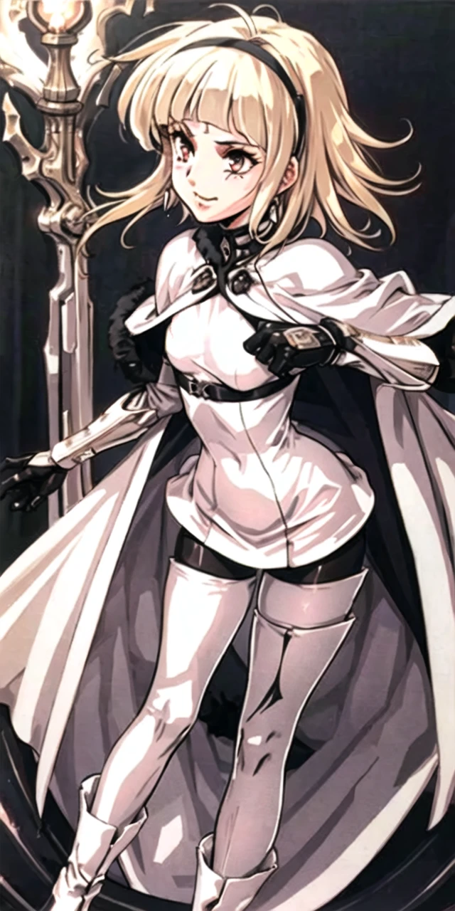 urushihara satoshi, retro, 1990s \(style\), 1 girl, solo, smile, white boots, white thighhighs, black pantyhose, short dress, capelet, fur trim, gauntlets, black hairband, background,castle, <lora:OneV1.0:0.9>, crimson eye color, blonde hair, <lora:Uruv1:0.5>