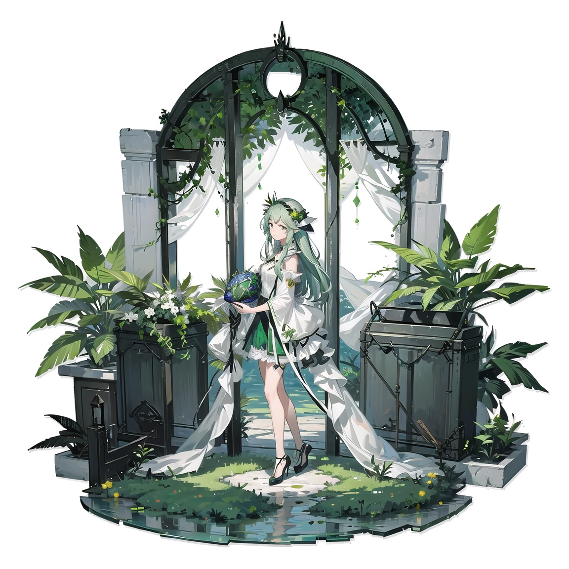 masterpiece,best quality, (white background:1.5) 1girl, far shot, full body, green circle, fairy, fantasy, magic, green leafs, dome,<lora:GachaGachaV1:0.6>, standing, clear face,