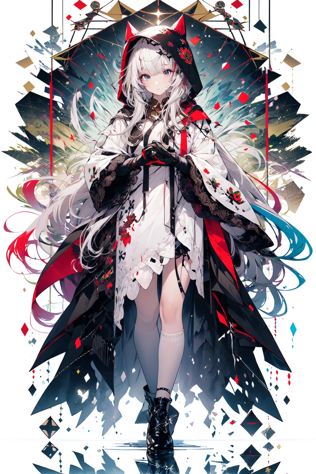 , (masterpiece:1.2), best quality,midjourney,
1girl, solo, long hair, very long hair, looking at viewer, grey hair, multicolored hair, white background, bangs, gloves, dress, black gloves, holding, streaked hair, reflection, long sleeves, wide sleeves, white footwear, hood, white hair, closed mouth, red hair
<lora:midjourney_20230624181825:0.9>