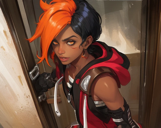 Shayne, multicolored hair, ,dark skin ,bangs, upper body, close up, orange eyes,
ShaAtt, hood down, black elbow gloves, arm bandages, pants, sneakers, belt, bar shoulders. sleeveless, zipper up, closed jacket,
cgangstas paradise, prison cell,
(insanely detailed, beautiful detailed face, masterpiece, best quality) realistic, <lora:Shayne:0.7>