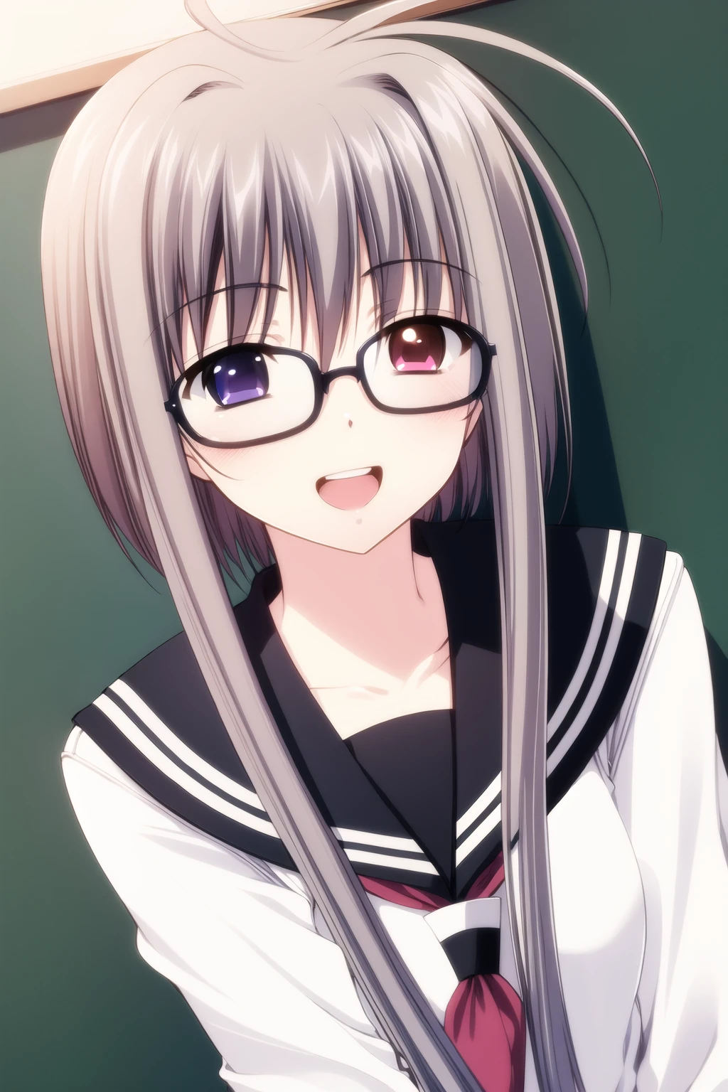 ((masterpiece, high quality, best quality)),
1girl, glasses, school uniform, heterochromia, chalkboard, brown and purple eyes, dutch angle, ahoge, smile, short hair with long locks, open mouth, grey hair,
<lora:nishimata-style_v2.0:1.0>